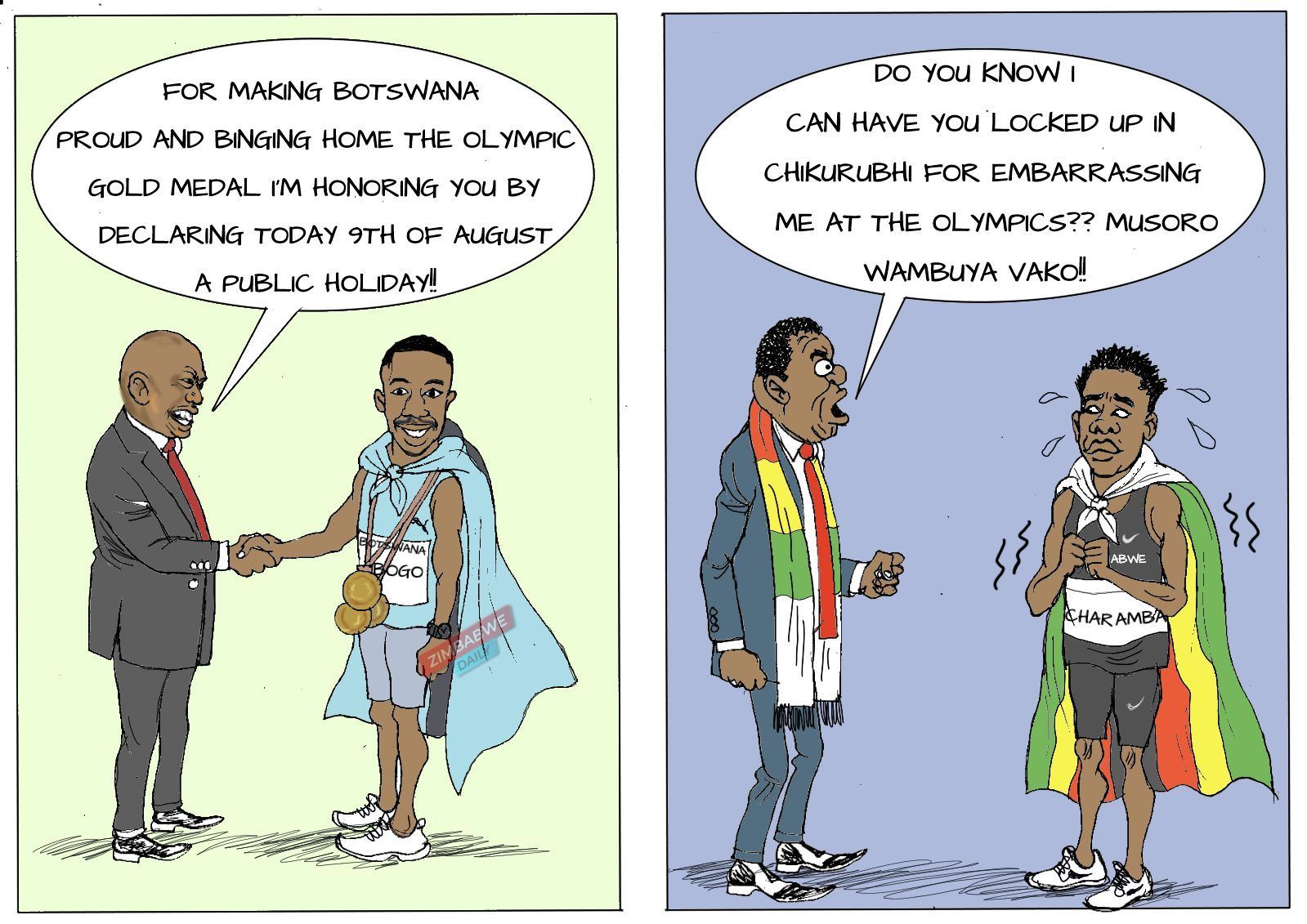 Two-panel cartoon contrasting a president honouring an Olympic champion with another scolding a sprinter