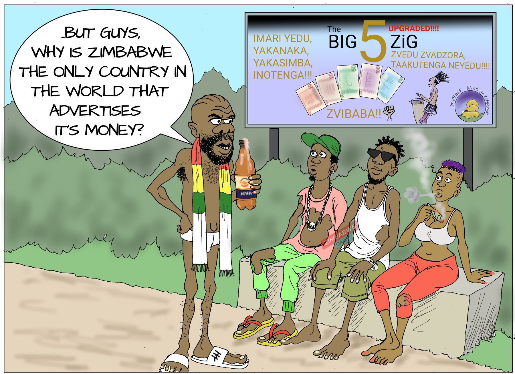 Cartoon of young men under a billboard advertising the Big 5 ZiG banknotes