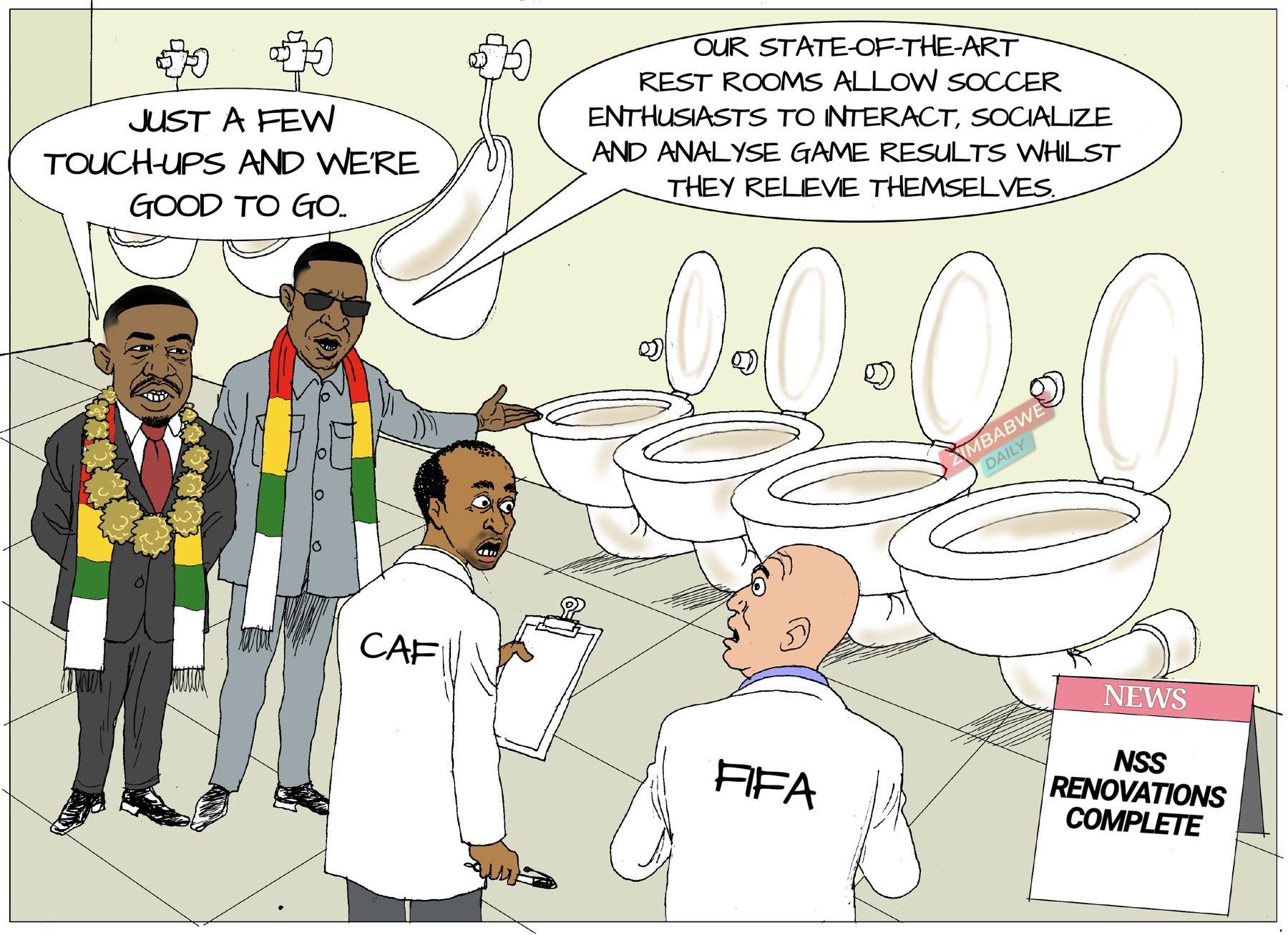 Cartoon of officials showing CAF and FIFA inspectors a row of toilets at the renovated National Sports Stadium