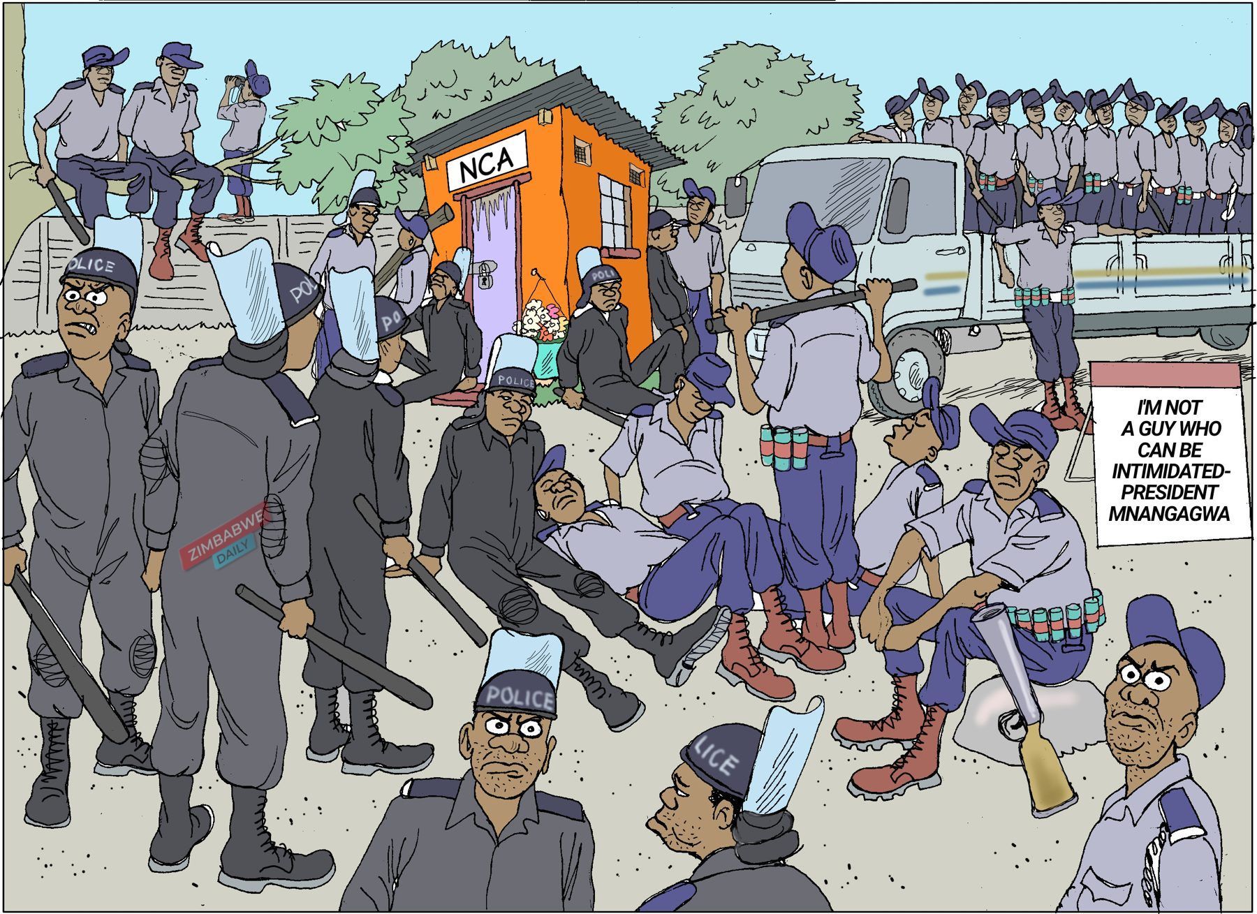 Cartoon of riot police lounging around a tiny NCA office