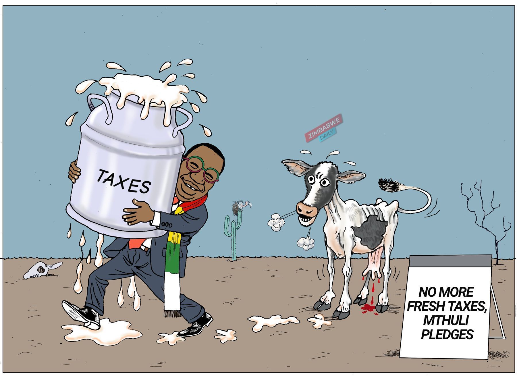 Cartoon of a minister hugging an overflowing milk churn labelled taxes beside a starving cow