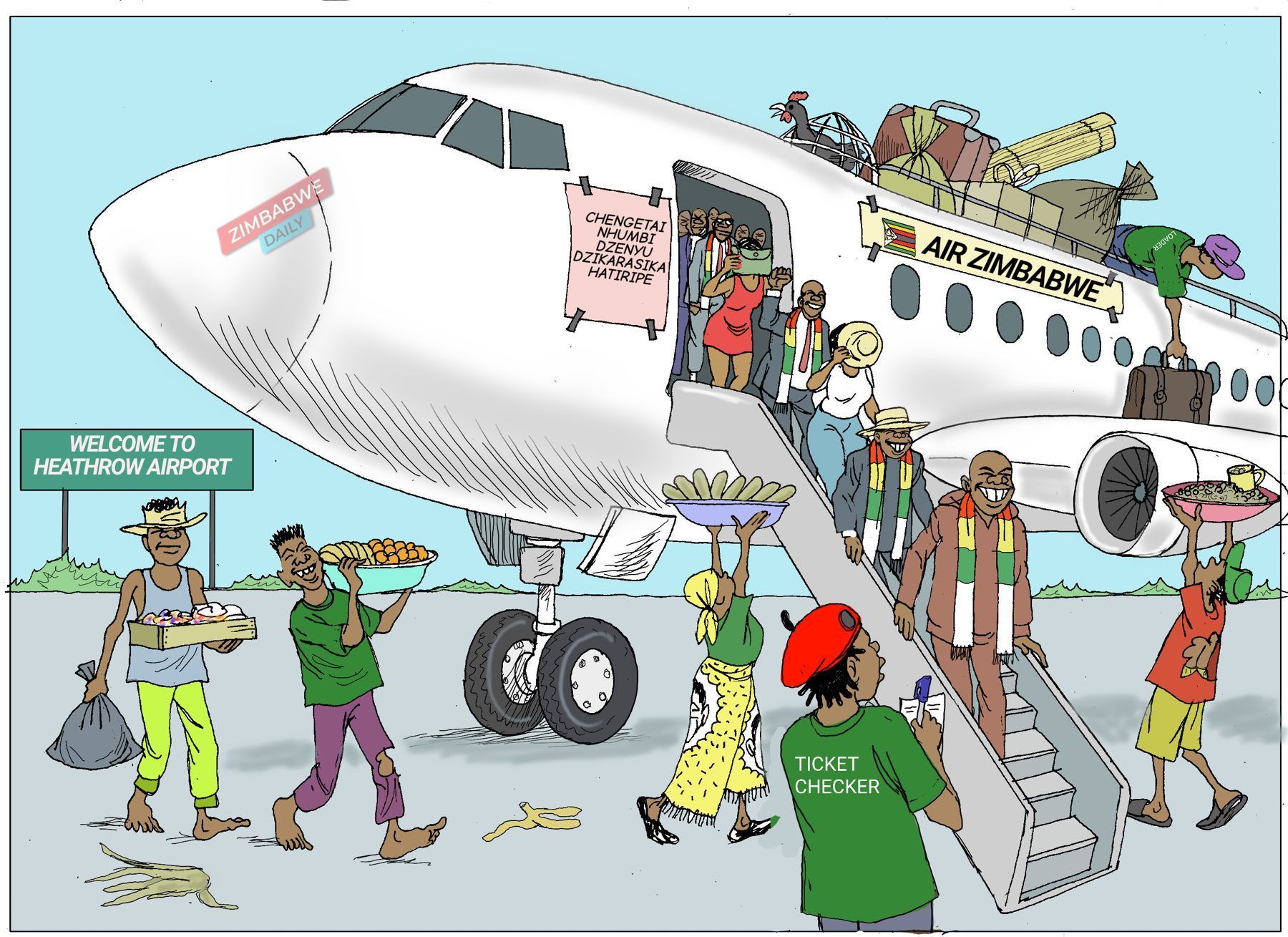 Cartoon of an Air Zimbabwe jet unloading passengers, vendors and luggage like a rural bus