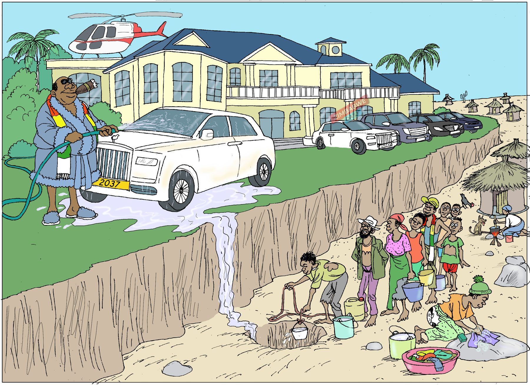 Cartoon of a rich man hosing down a Rolls-Royce outside a hilltop mansion while villagers below dig for water