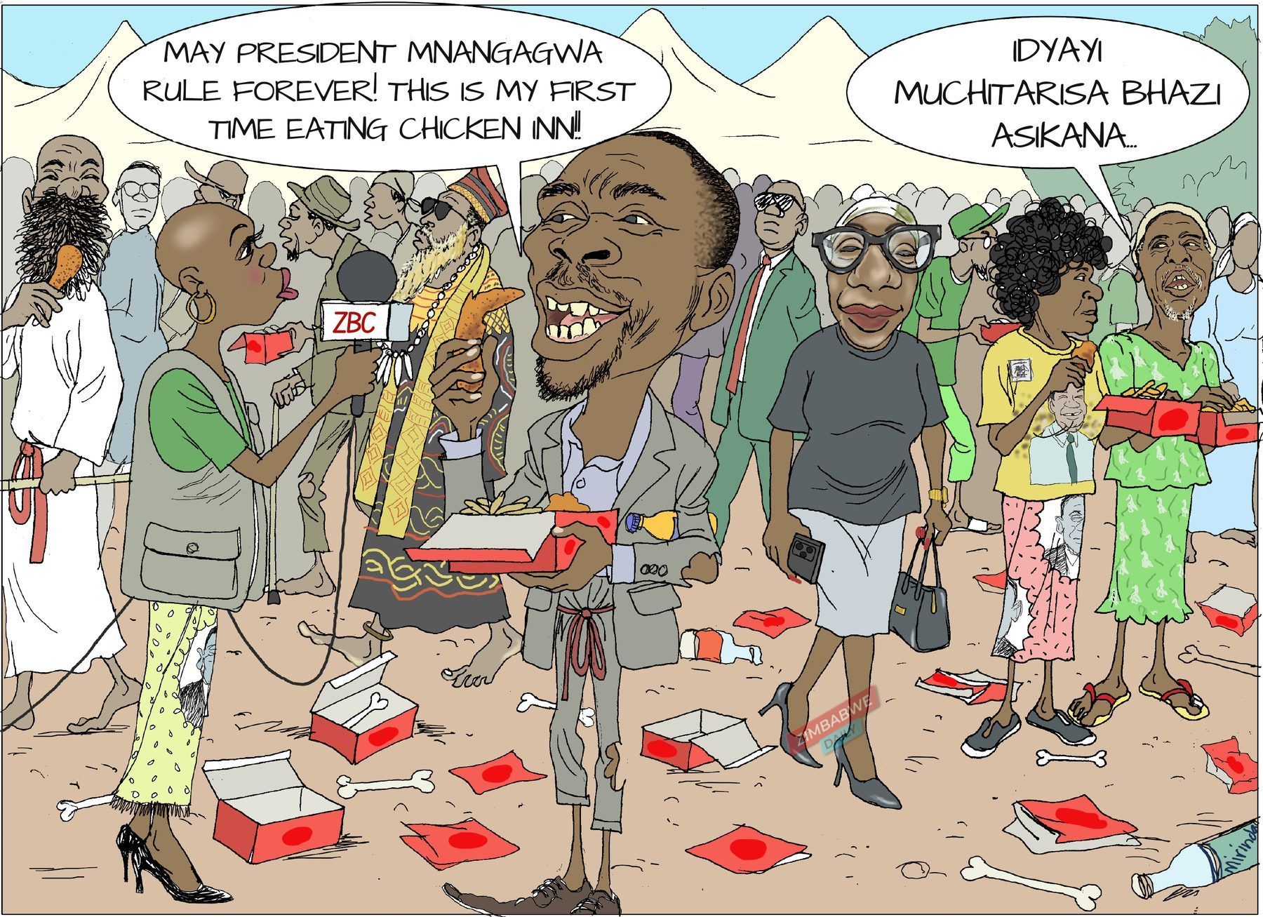 Cartoon of a man holding fried chicken declaring that the President must rule forever