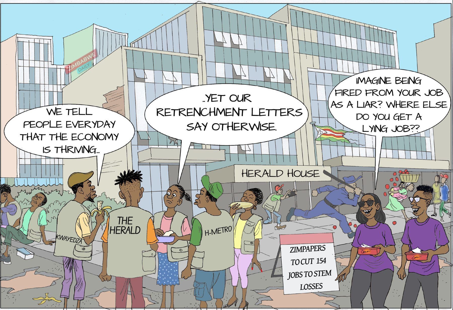 Cartoon of newspaper staff outside Herald House holding retrenchment letters