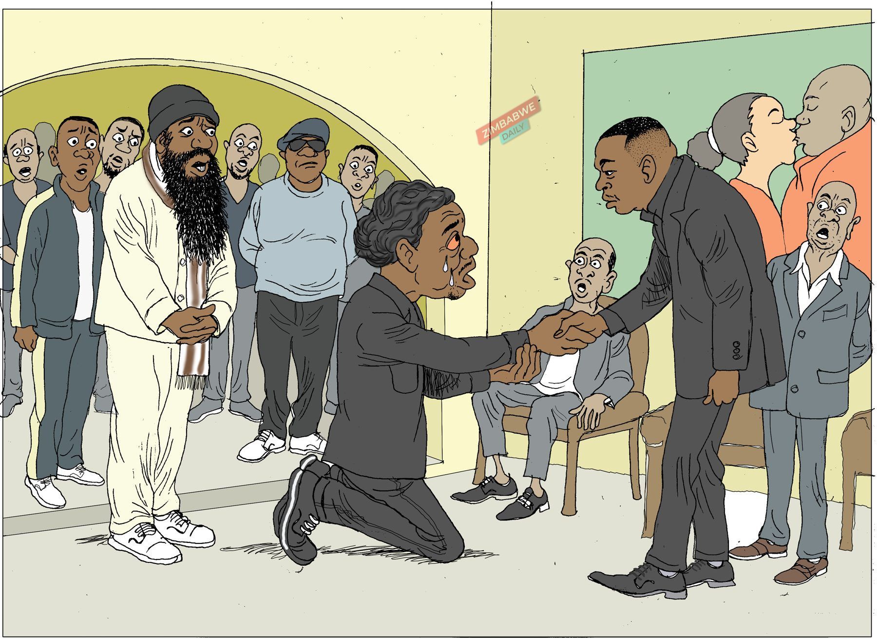 Illustration depicting traditional kneeling greeting custom