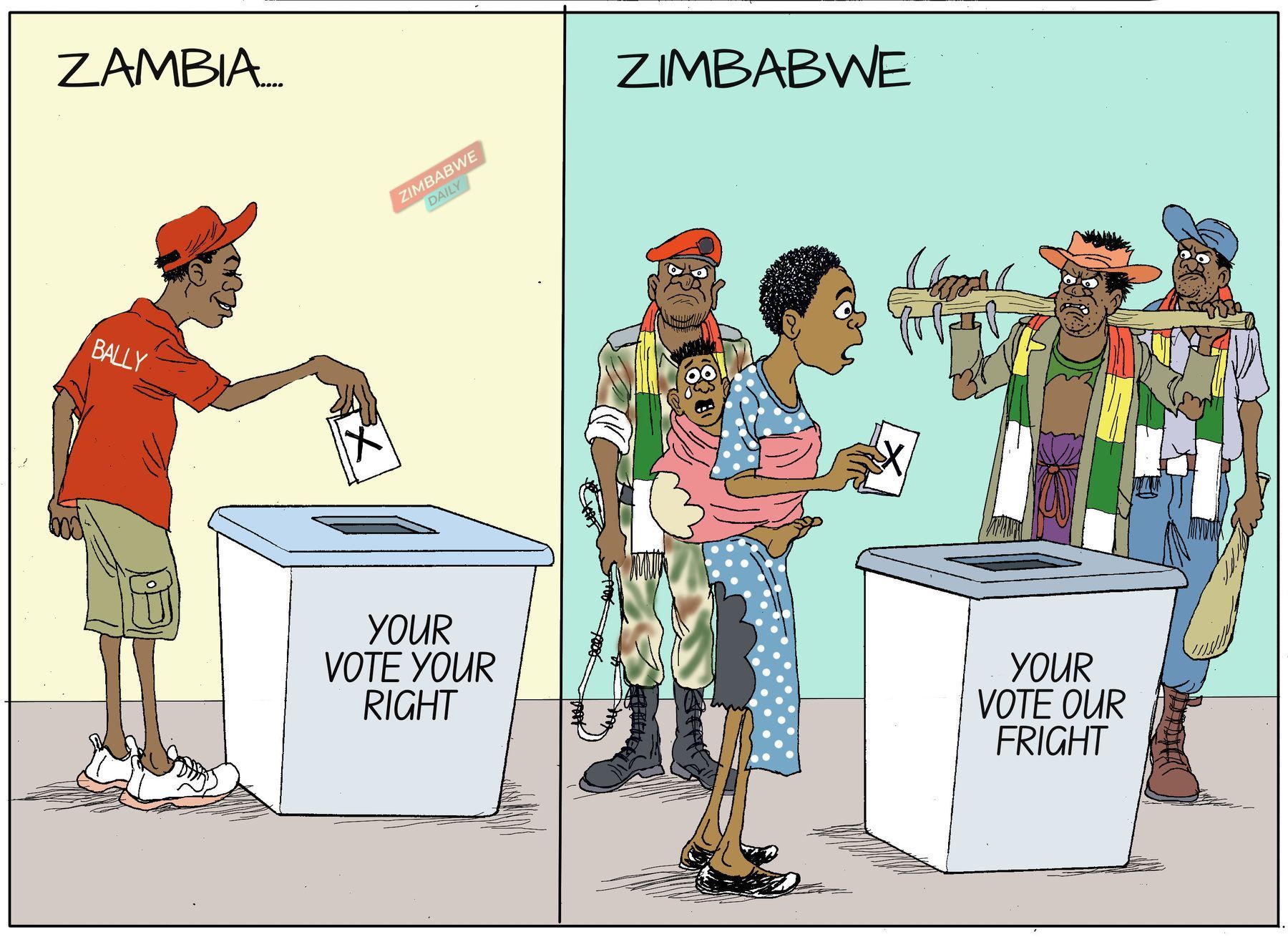 Split cartoon contrasting a relaxed Zambian voter with a Zimbabwean voter surrounded by armed men