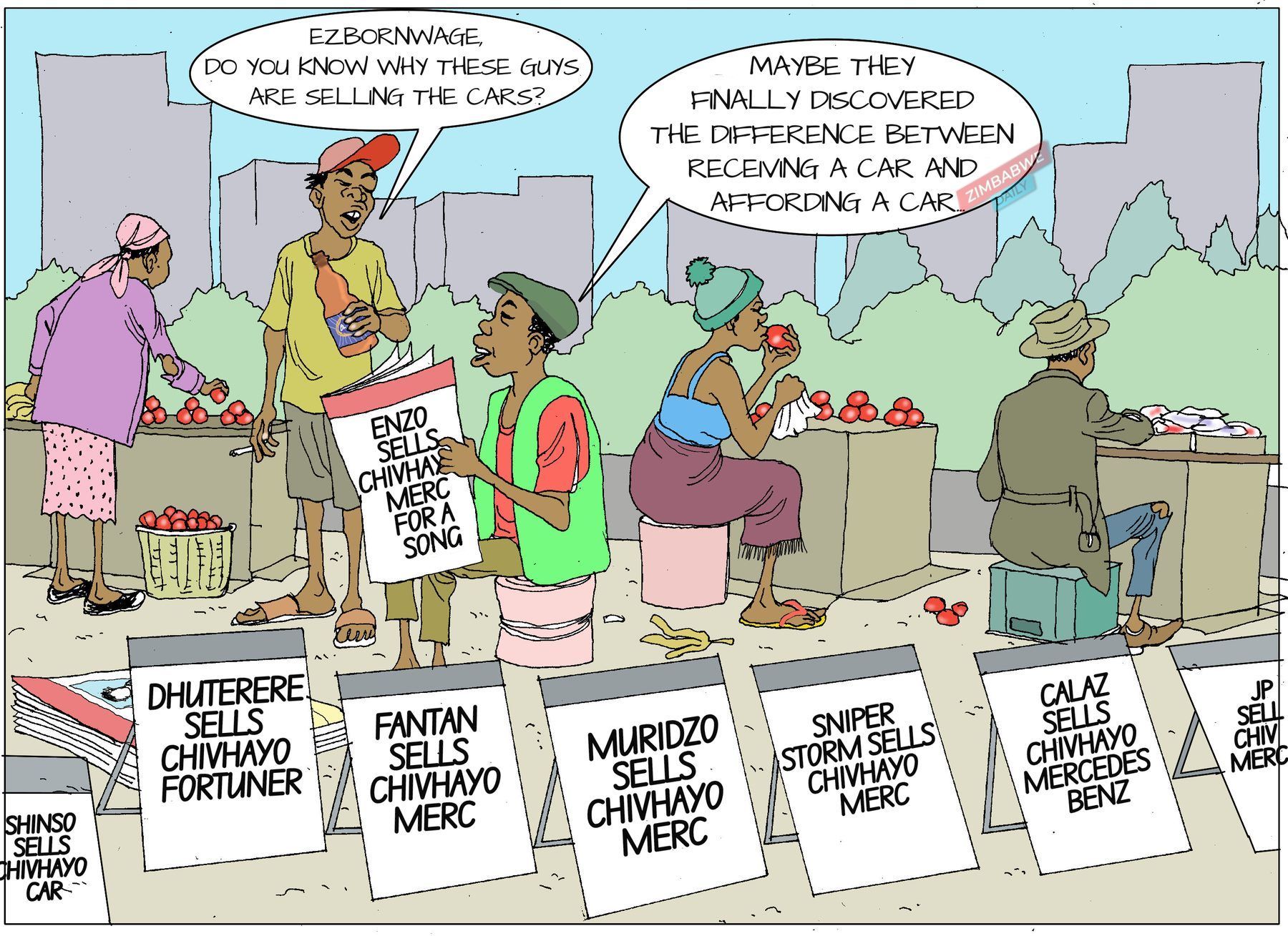 Cartoon of a street newspaper vendor with placards about celebrities selling cars gifted by Chivayo