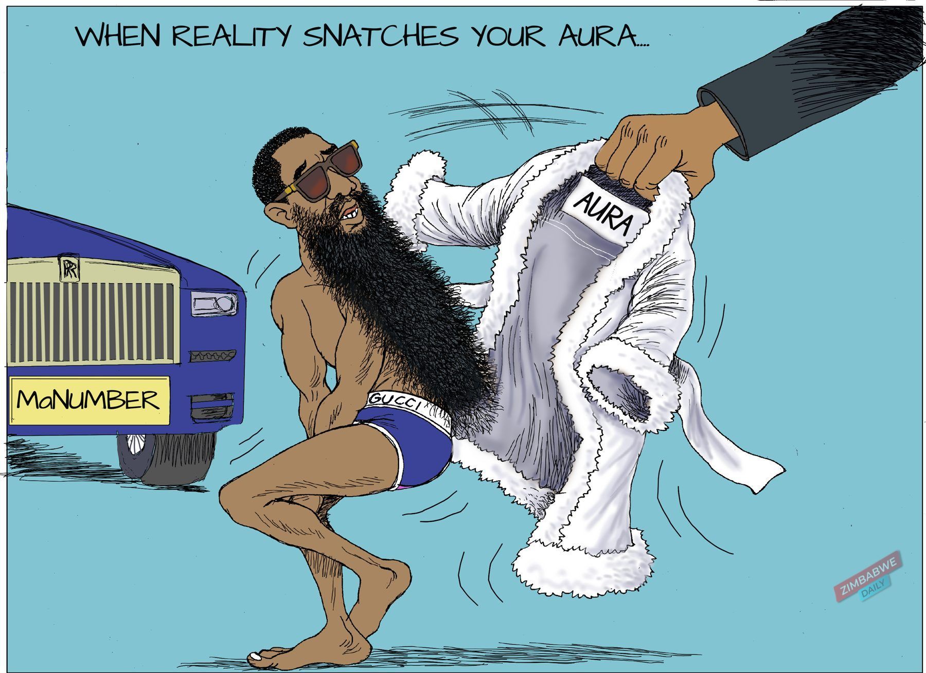 Cartoon of a hand snatching a fur-trimmed robe labelled AURA from a bearded man in Gucci briefs beside a Rolls-Royce