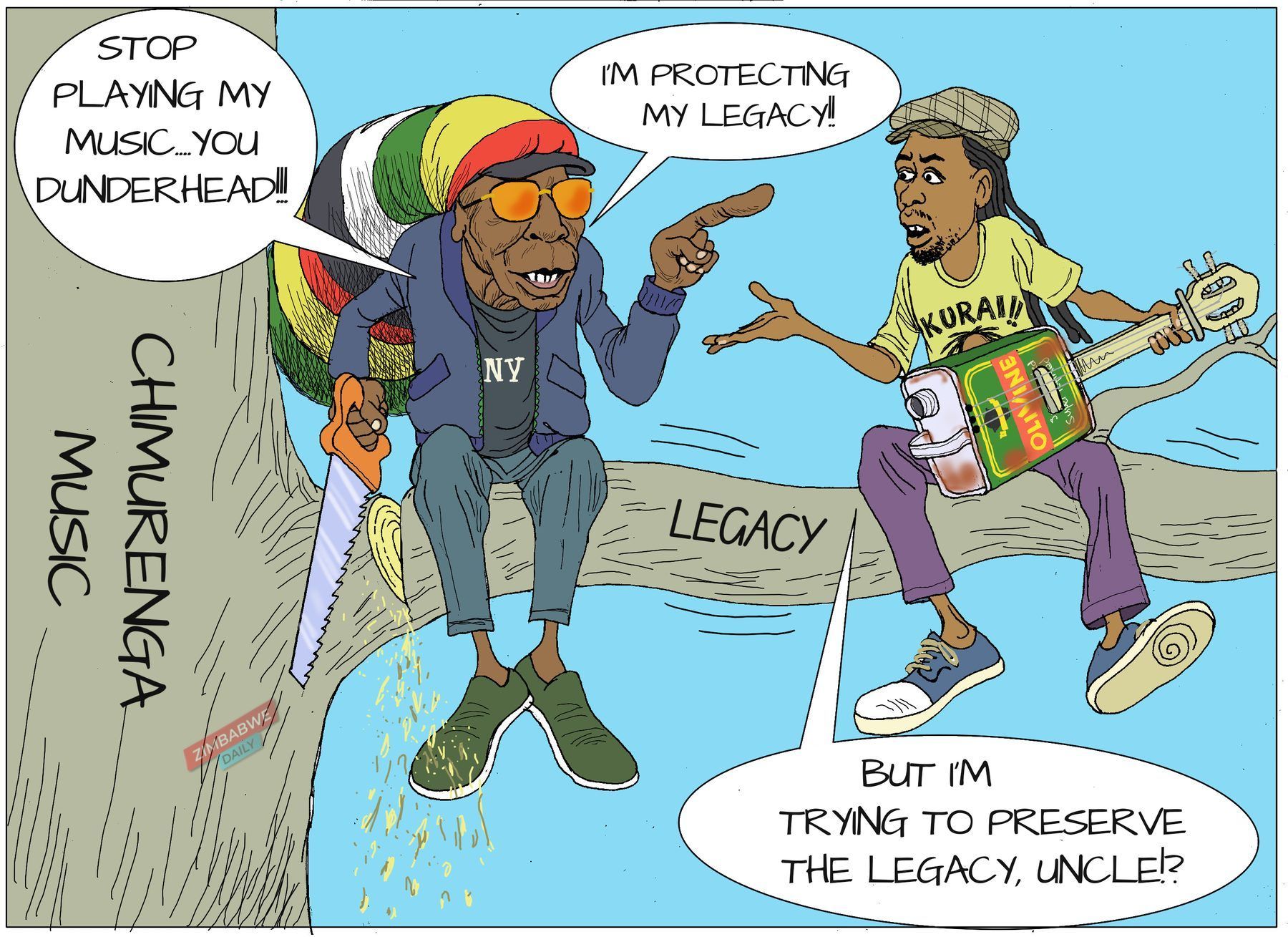 Cartoon of an older musician sawing off a tree branch labelled LEGACY on which a younger musician sits