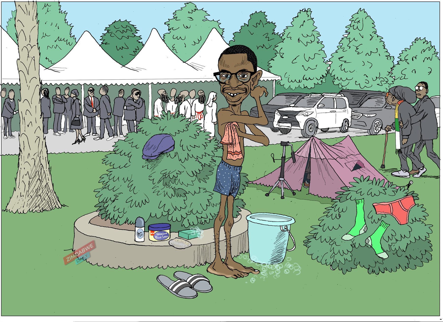 Illustration depicting funeral gathering with luxury vehicles and tents