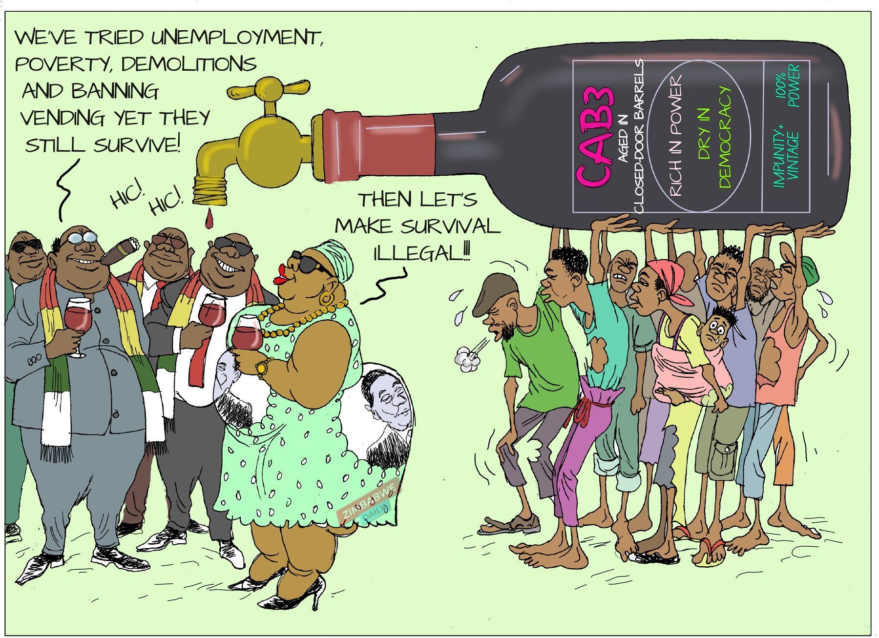 Illustration showing elite figures and impoverished citizens with CAB3 bottle