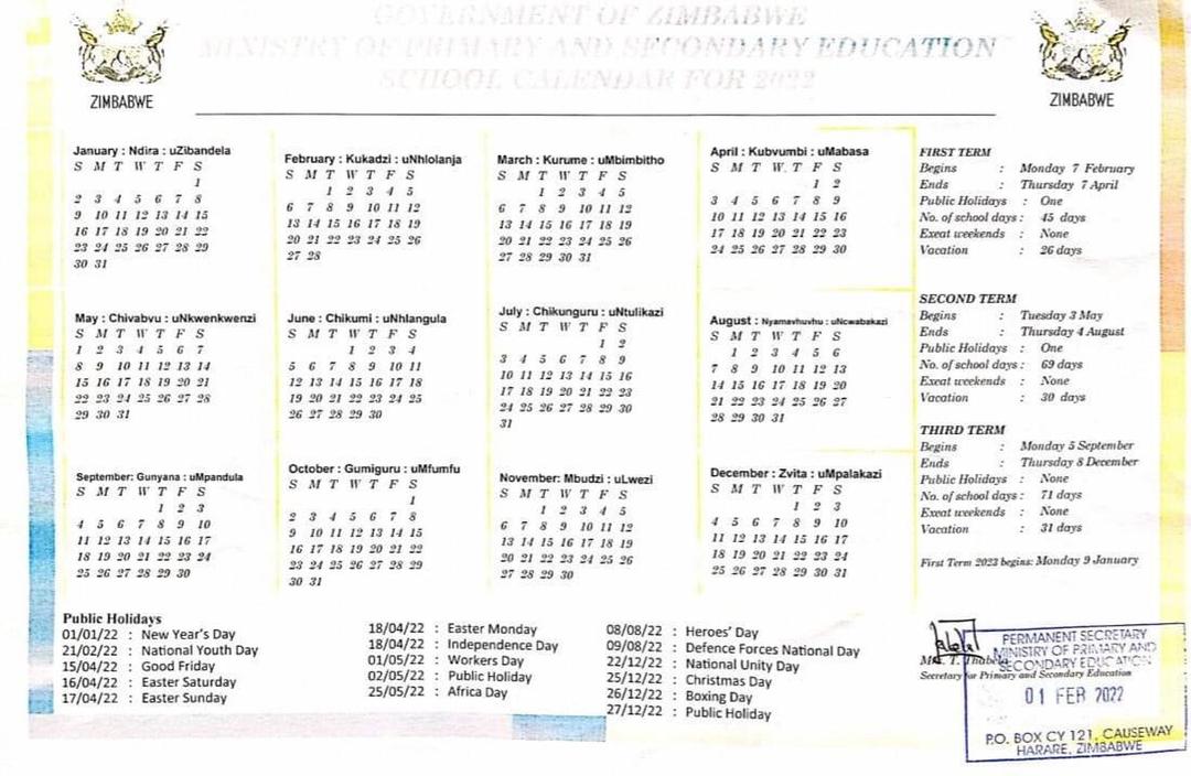 Gvt Releases 2022 School Calendar Zimbabwe Daily